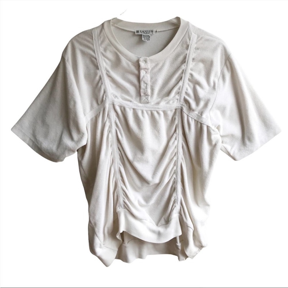 Vintage Lanvin Terry Cloth Top Ruched Swim Coverup Swimwear Tunic Size XL White